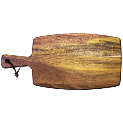 Wood charcuterie serving paddle board with personalized engraved name on the handle