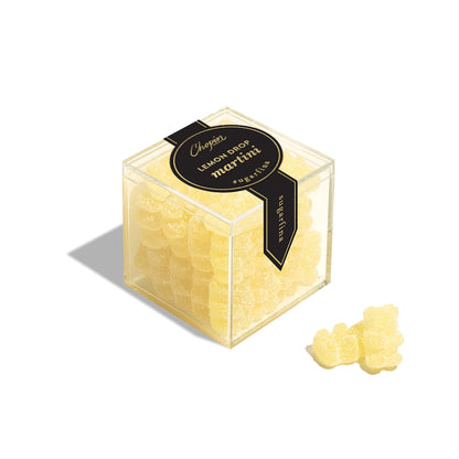 Sugarfina Lemon Drop Martini Bears candy box with yellow gummy bears inside