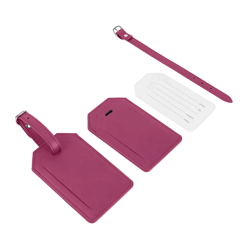 Pink vegan leather luggage tag in a gift box with matching strap and card insert