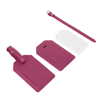 Pink vegan leather luggage tag in a gift box with matching strap and card insert