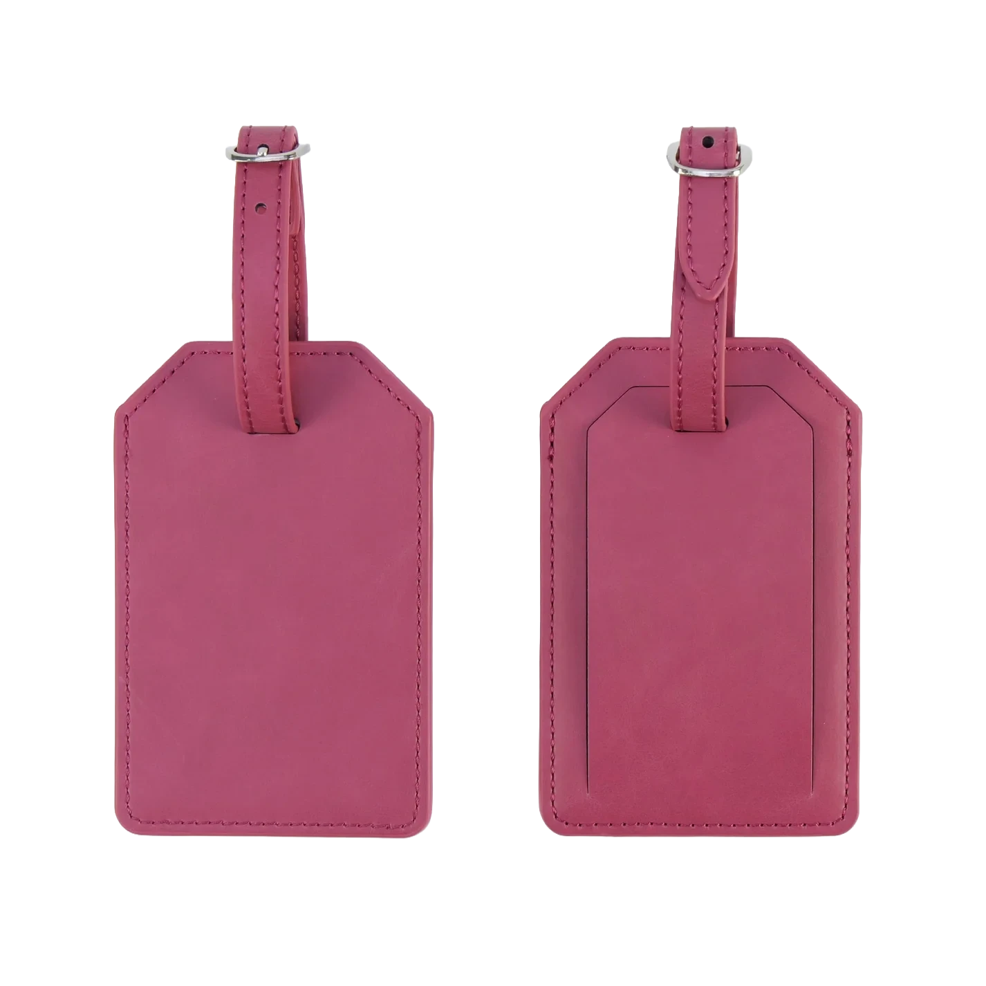 Custom pink vegan leather luggage tag shown attached to a travel suitcase