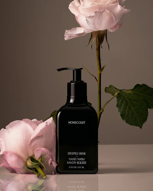 Homecourt Steeped Rose hand wash bottle in 12 oz clear packaging