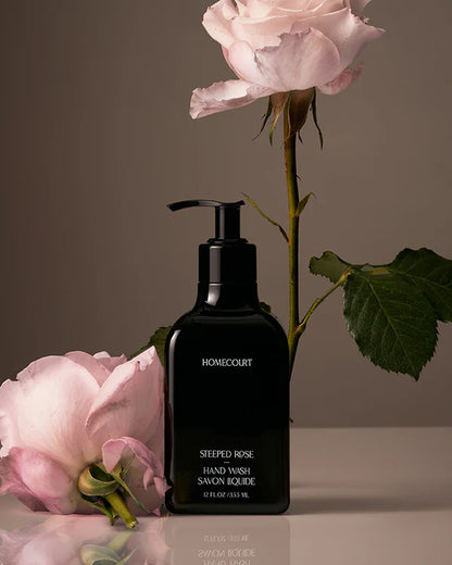 Homecourt Steeped Rose hand wash bottle in 12 oz clear packaging