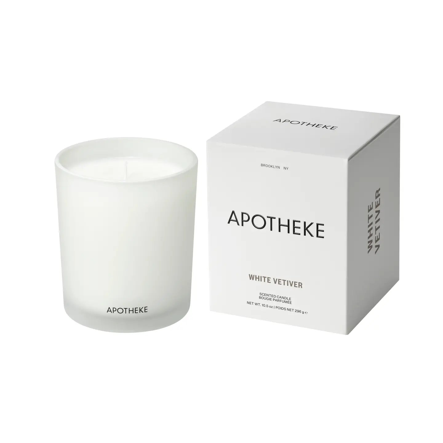 Apotheke White Vetiver candle in a white ceramic vessel with personalized label