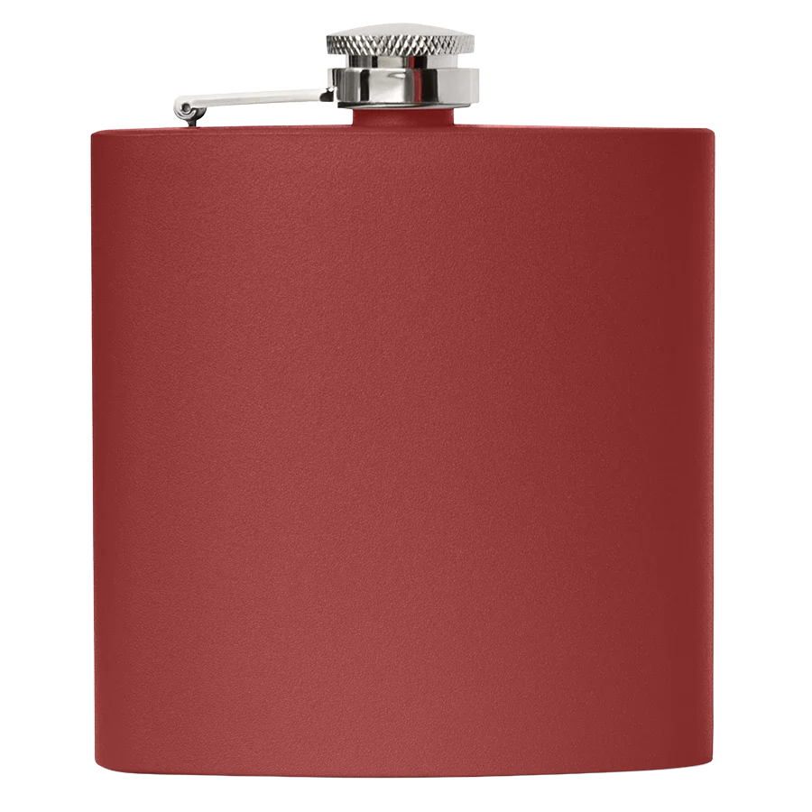 Maroon powder-coated stainless steel flask with personalized engraved name or monogram on the front