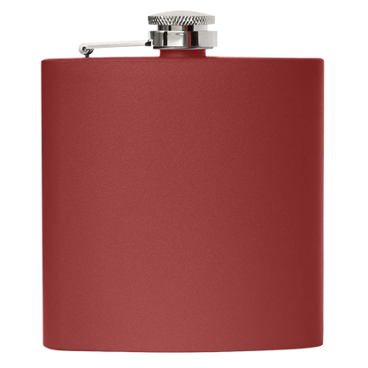 Maroon powder-coated stainless steel flask with personalized engraved name or monogram on the front