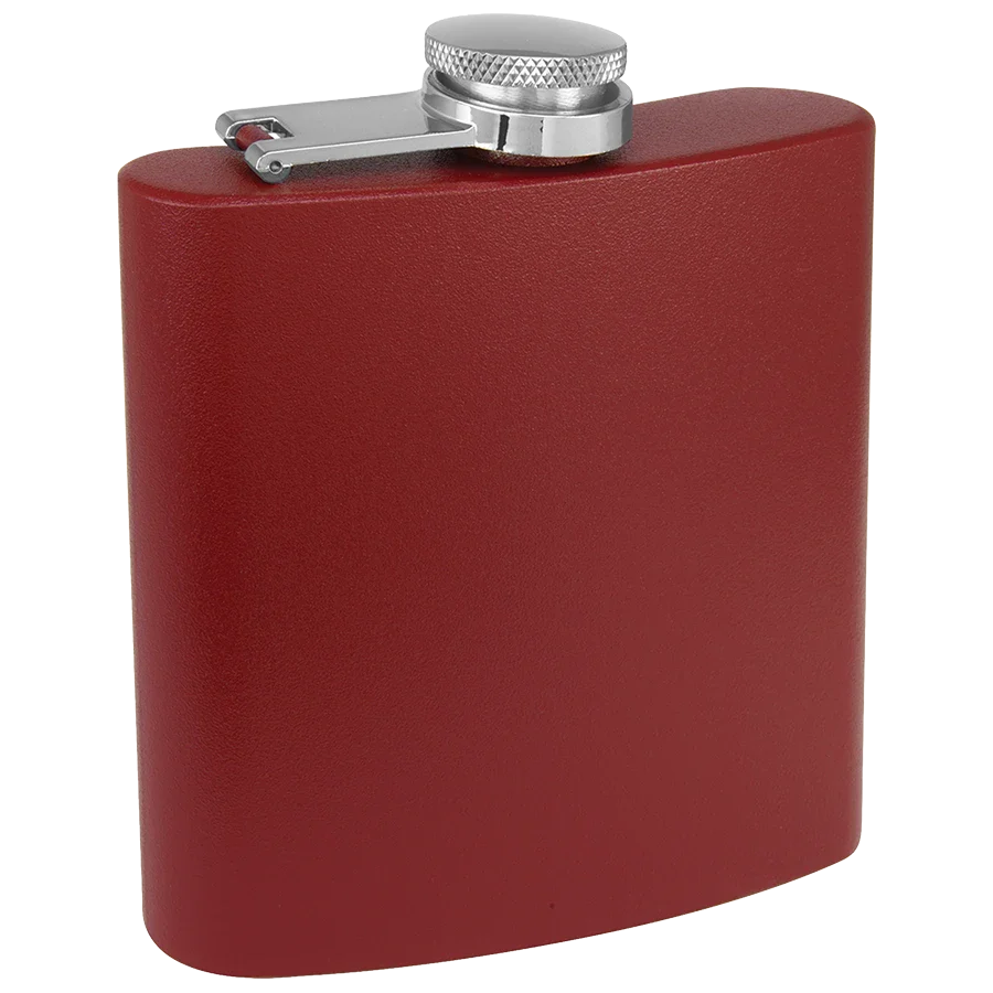 Personalized maroon flask shown with included metal funnel and white gift box