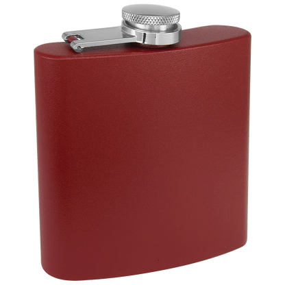 Personalized maroon flask shown with included metal funnel and white gift box