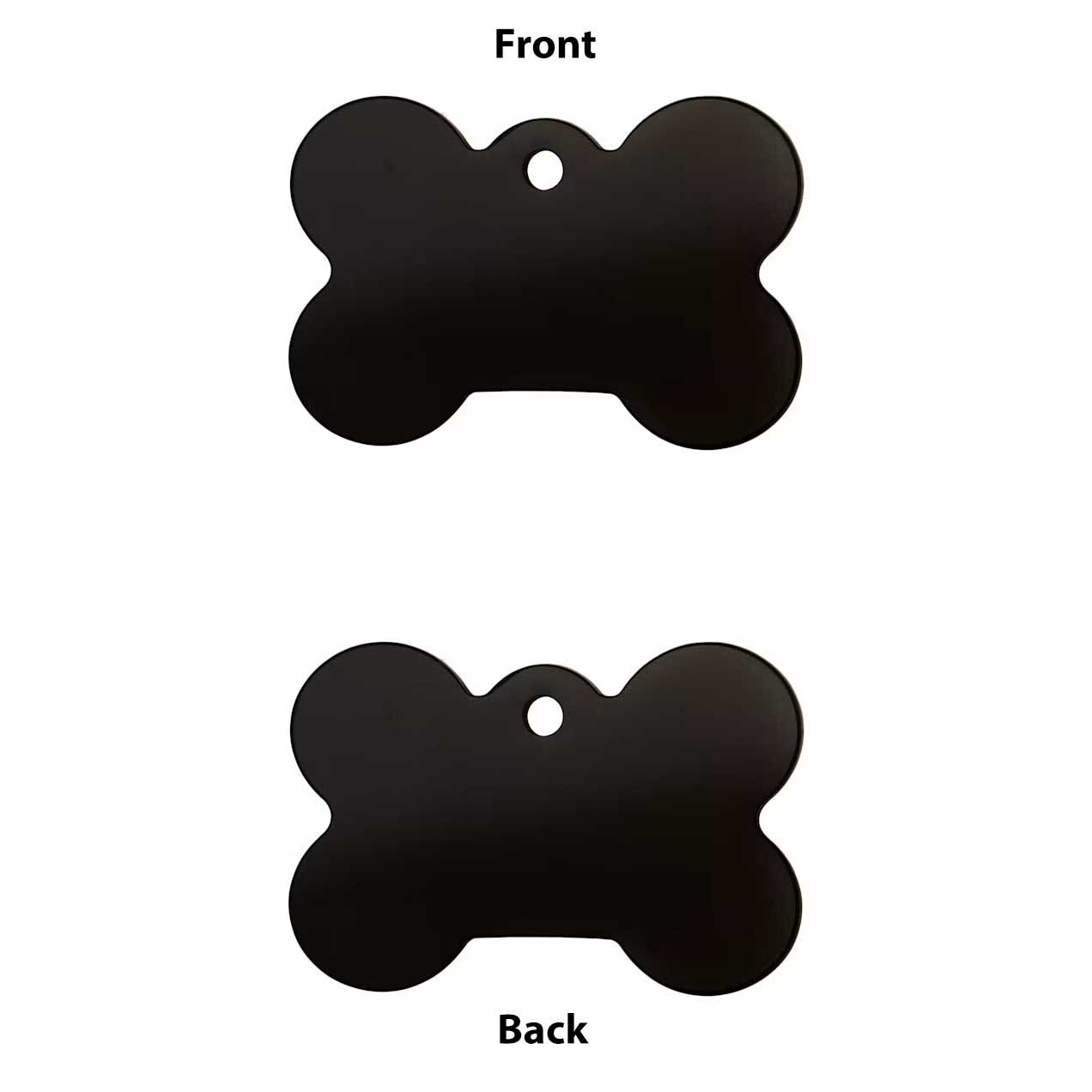 Black aluminum dog tag with custom text engraved on both sides on a chain