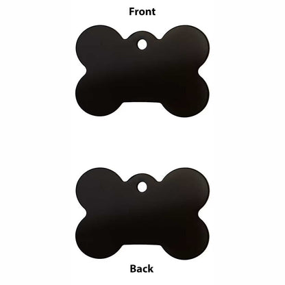 Black aluminum dog tag with custom text engraved on both sides on a chain