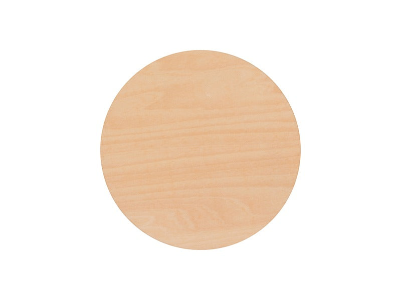 Two round wooden coasters with laser-engraved personalized text on the surface