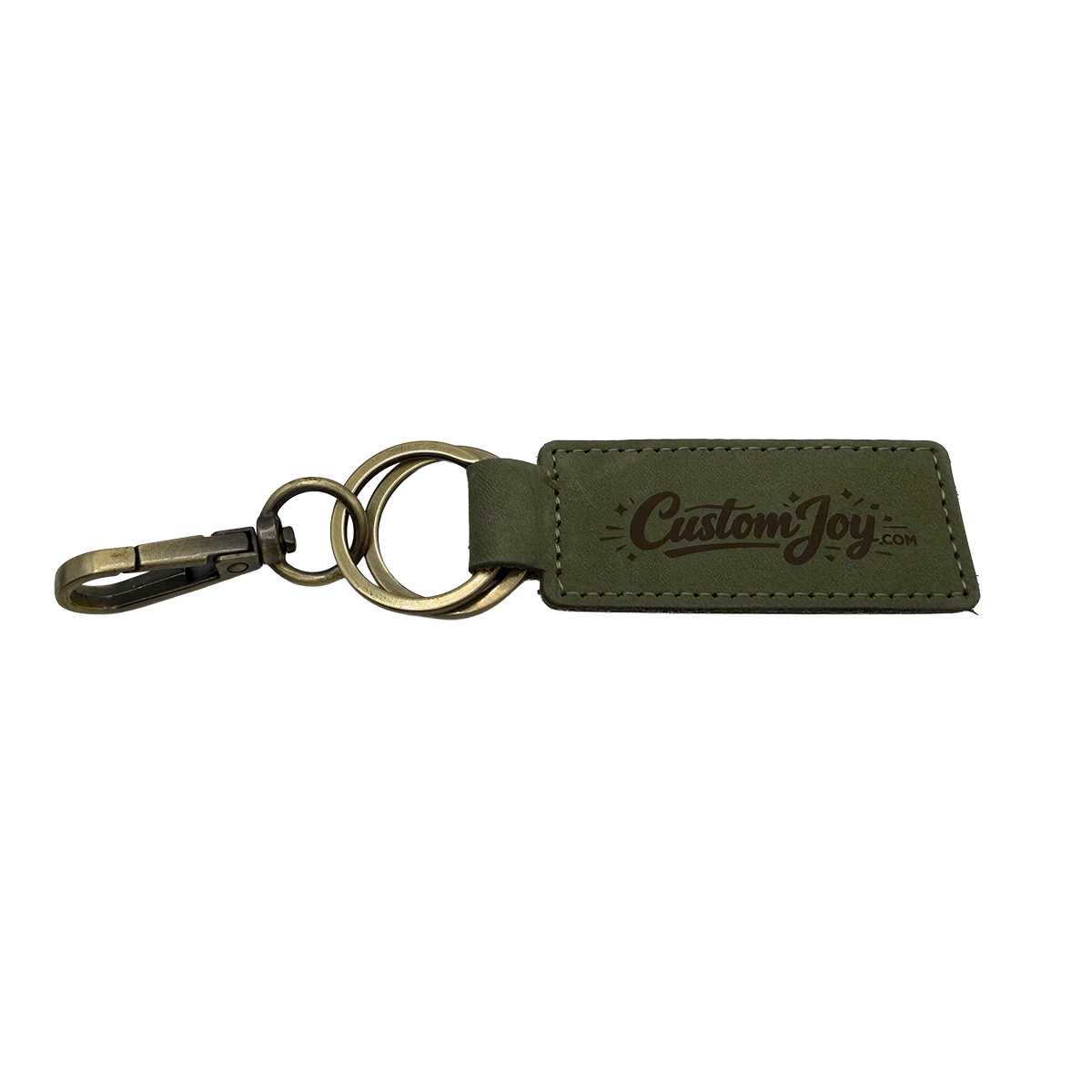 Olive green leather keychain with engraved personalized name or initials