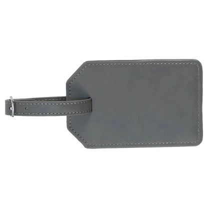 Grey vegan leather luggage tag with personalized engraved name and buckle clasp