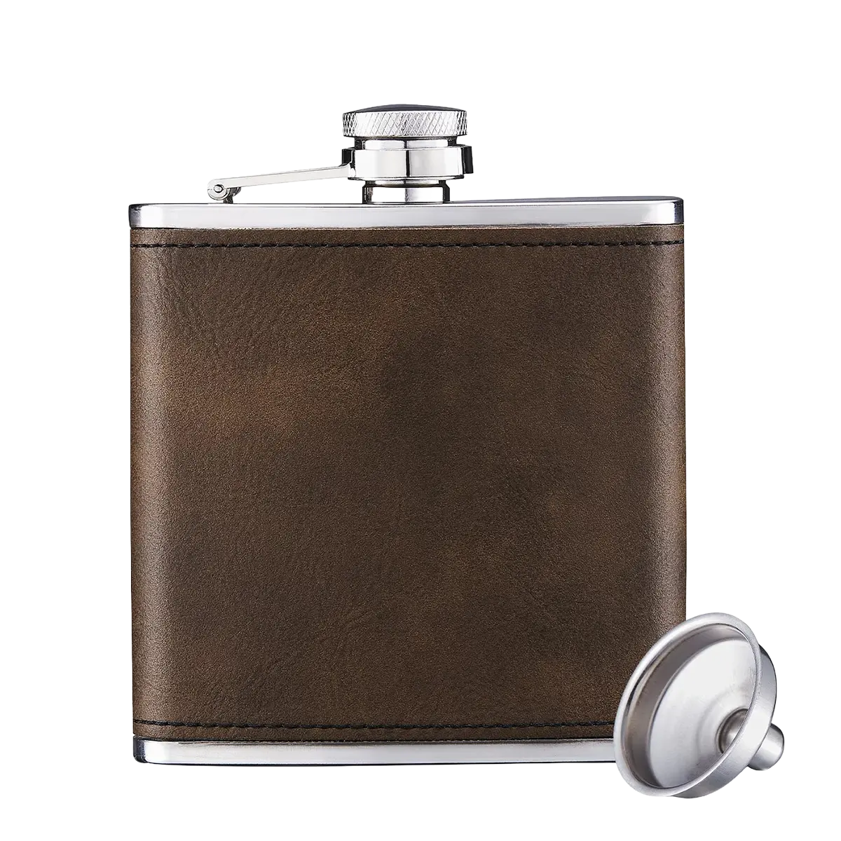 Personalized leather flask with gold-effect engraving and stainless steel body