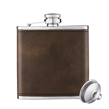 Personalized leather flask with gold-effect engraving and stainless steel body