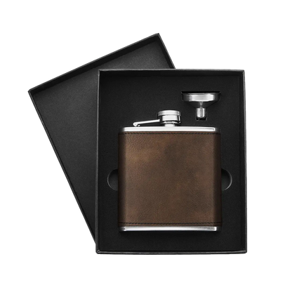 Custom engraved leather-wrapped 6 oz hip flask for groomsmen gifts