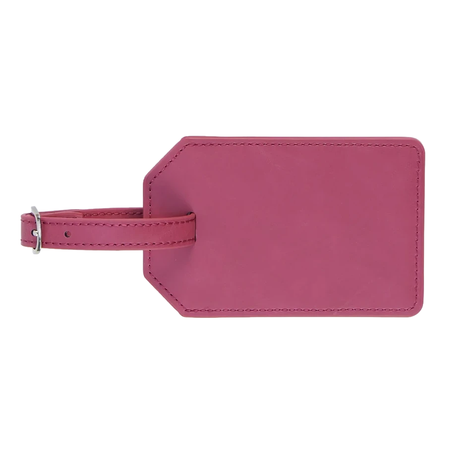 Personalized pink vegan leather luggage tag with engraved monogram and buckle strap
