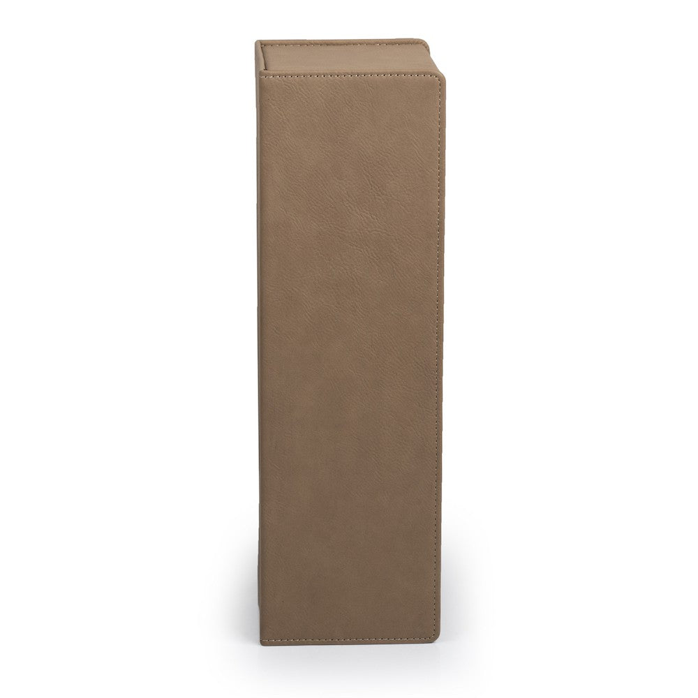 Buckskin-toned wood wine bottle gift box with accessories and personalized lid