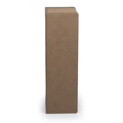 Buckskin-toned wood wine bottle gift box with accessories and personalized lid