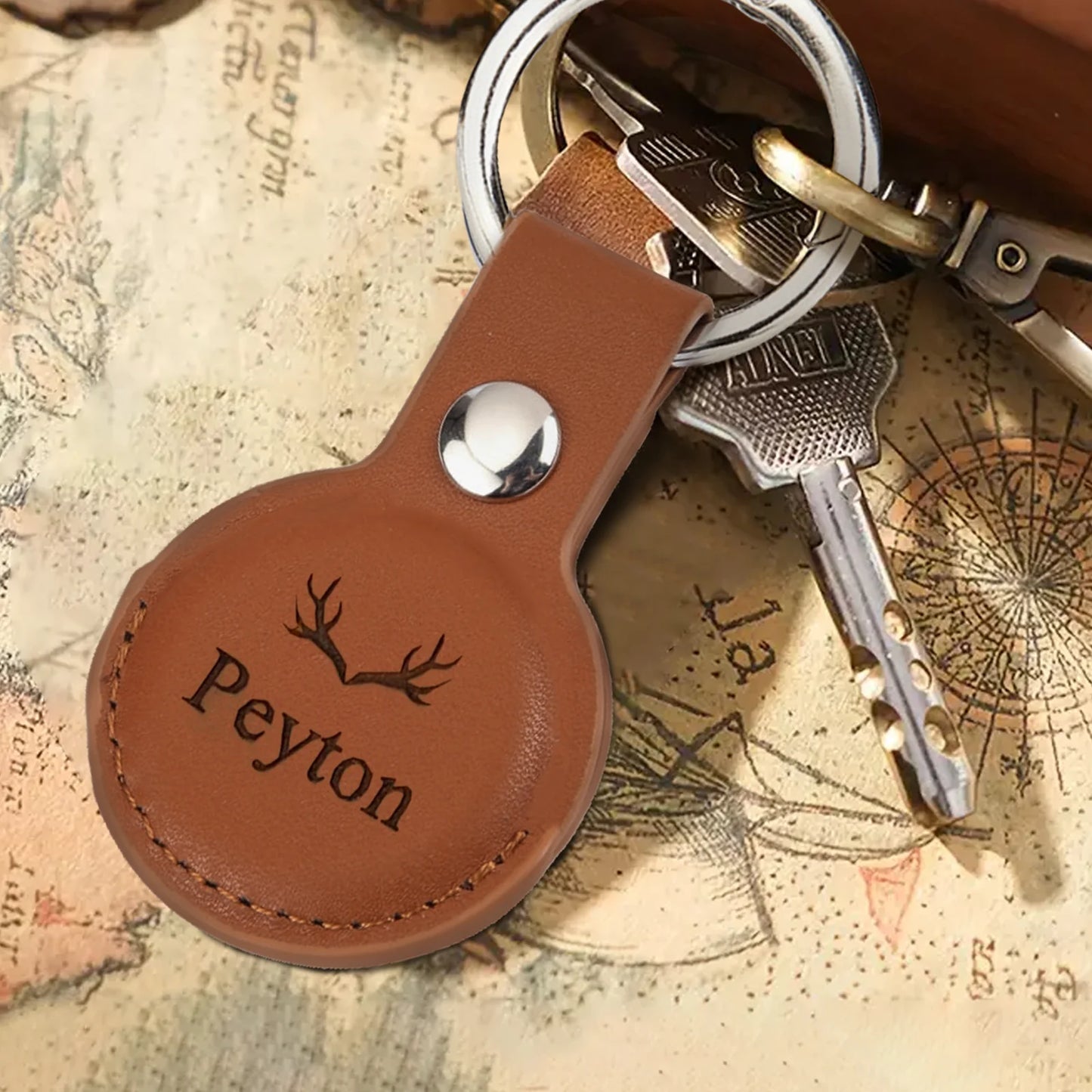 Customized PU Leather AirTag Keychain (Brown)